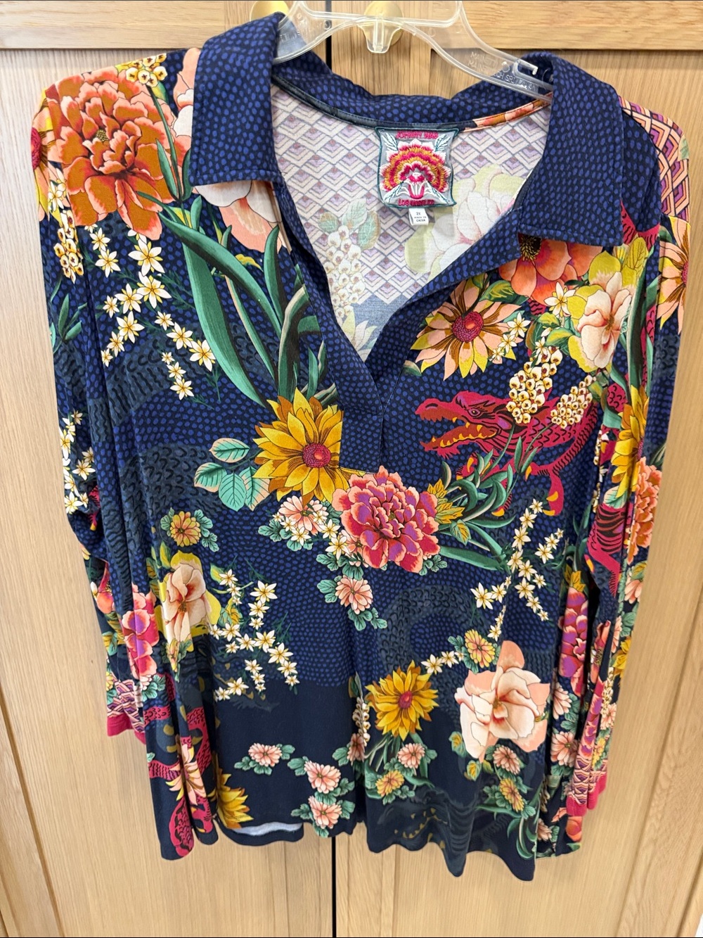Johnny Was Navy Floral Button-Down Shirt with Multicolor Blooms